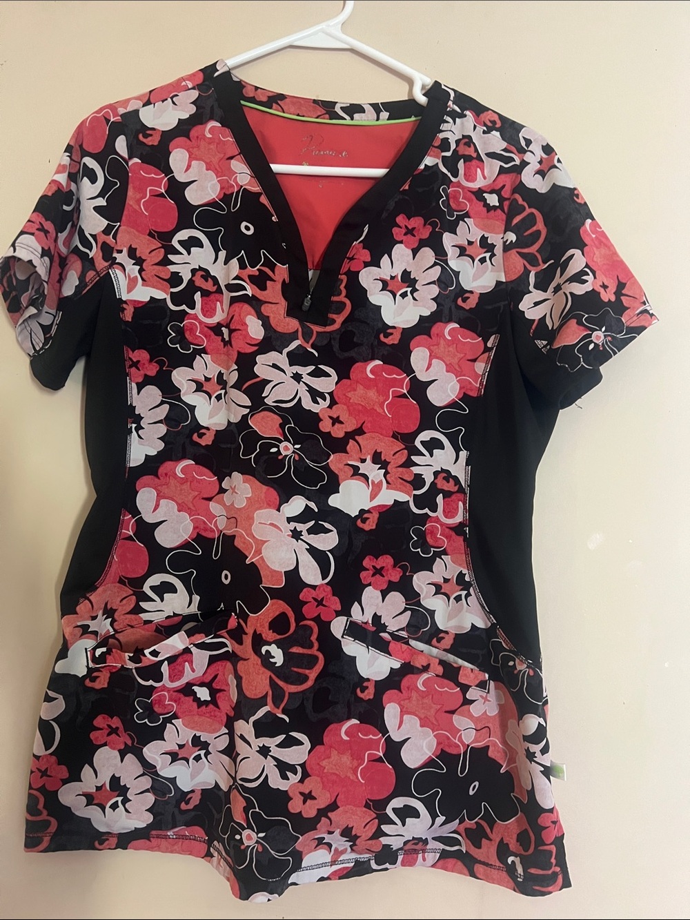 healing hands Black Floral V-Neck Scrub Top with Coral Accents
